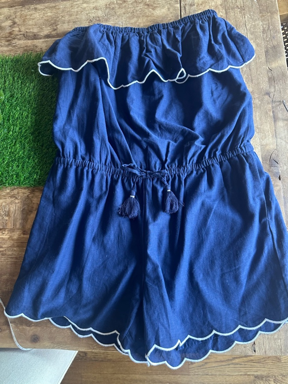 Vineyard Vines Navy Blue Off-Shoulder Tassel Romper
